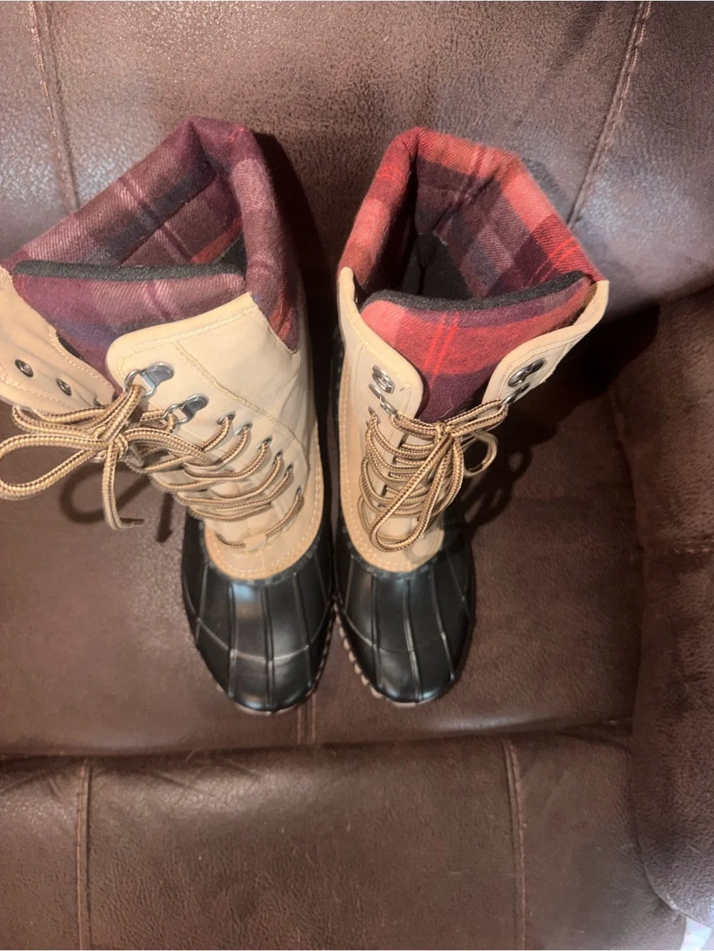 Classic Tan Duck Boots with Plaid Collar